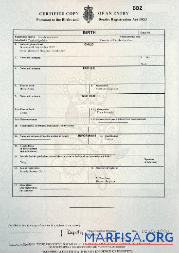 Realistic UK district of Newcastle upon Tyne certificate of birth example